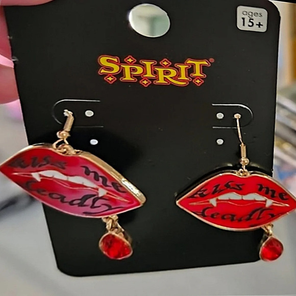 Spirit Jewelry - Spirit Halloween Women's Red Kiss Me Deadly Dangle Vampire teeth lips Earrings